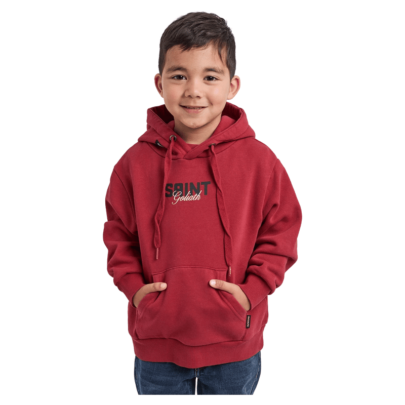 Front view of the St Goliath Upside Hoodie in Red colourway, toddler's model