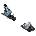 Light blue and black Salomon Strive 12 GW ski bindings showing the toe and heel pieces from a three-quarter angle.