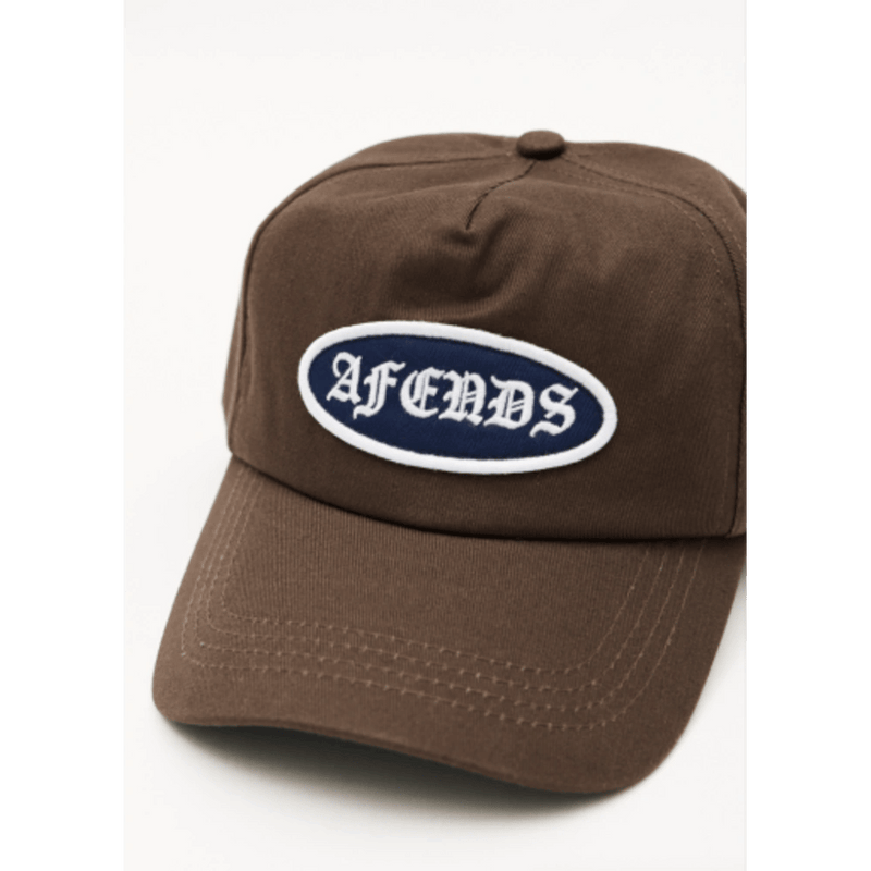 Front view of Afends Summit Recycled Five Panel Cap in colour Coffee.