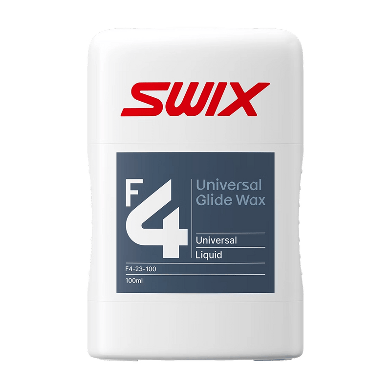 White rectangular bottle of Swix F4 Universal Glide Wax with a blue label, red logo, and 100ml liquid capacity.