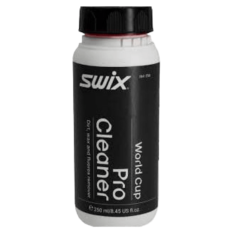 A black and white bottle of Swix Pro Cleaner with white writing and black lid