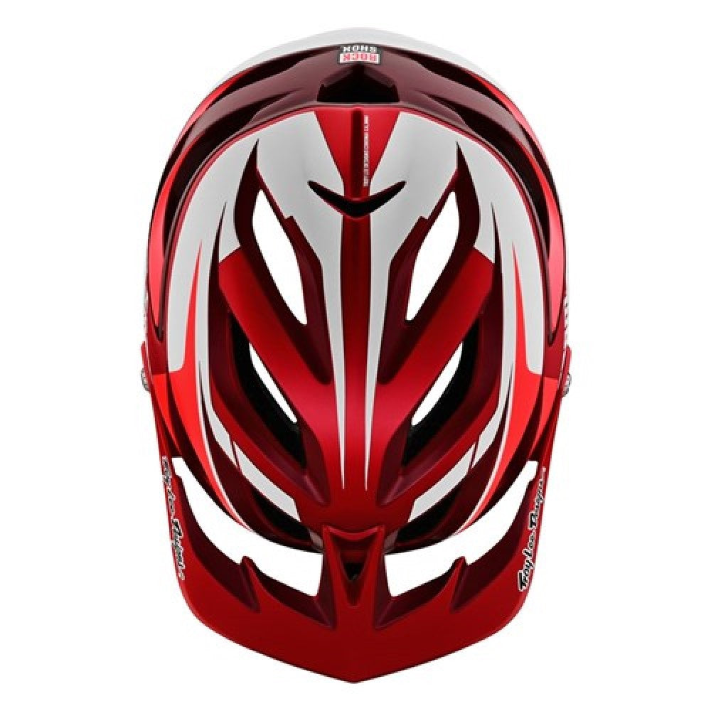 Red and white open face helmet top view.