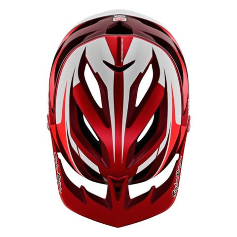 Red and white open face helmet top view.
