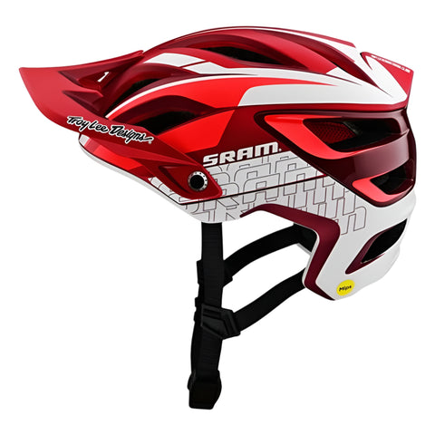 Red and white open face bike helmet.