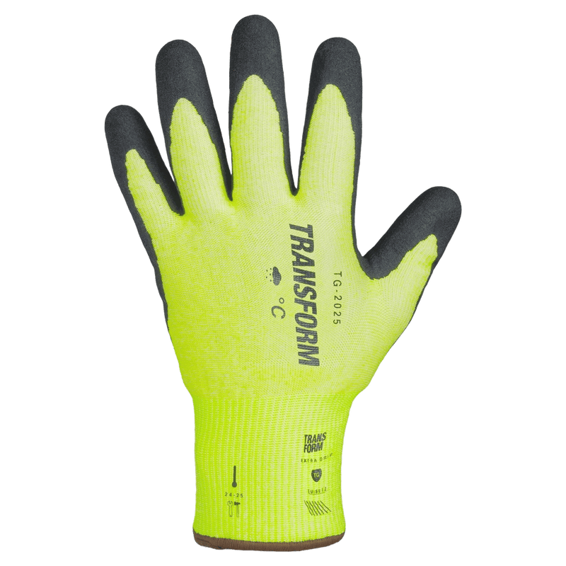 Main view of the Transform Workwear Gloves in Neon Green colourway, unisex model