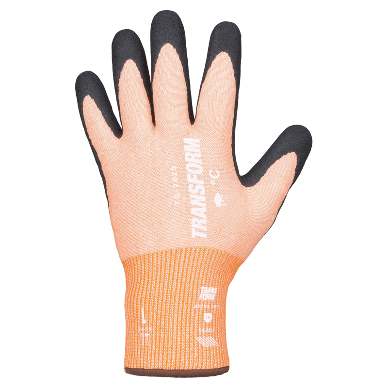 Main view of the Transform Workwear Gloves in Neon Orange colourway, unisex model