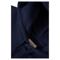 Close-up of a navy blue Brixton Two Boots Hoodie showing the hood, drawstrings, and interior brand tag.