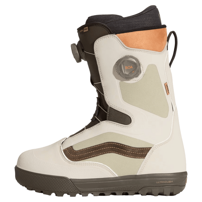 Left side view of the Vans Aura Pro Snowboard Boots in Bay Leaf Green colourway, men model