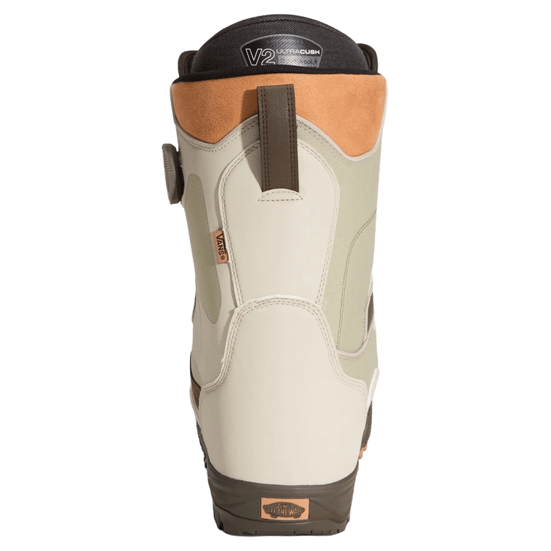 Back view of the Vans Aura Pro Snowboard Boots in Bay Leaf Green colourway, men model