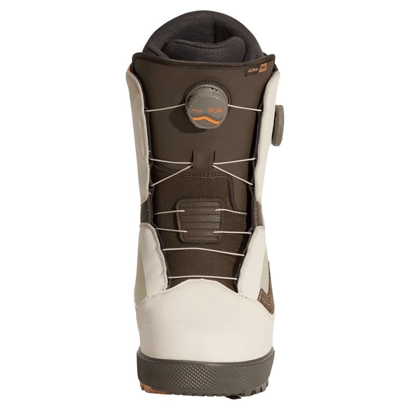 Front view of the Vans Aura Pro Snowboard Boots in Bay Leaf Green colourway, men model