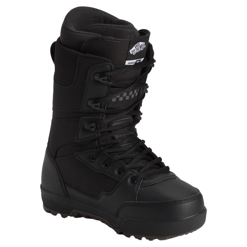 Side view of the Vans Invado Pro Snowboard Boots in Black and Gum colourway, unisex model