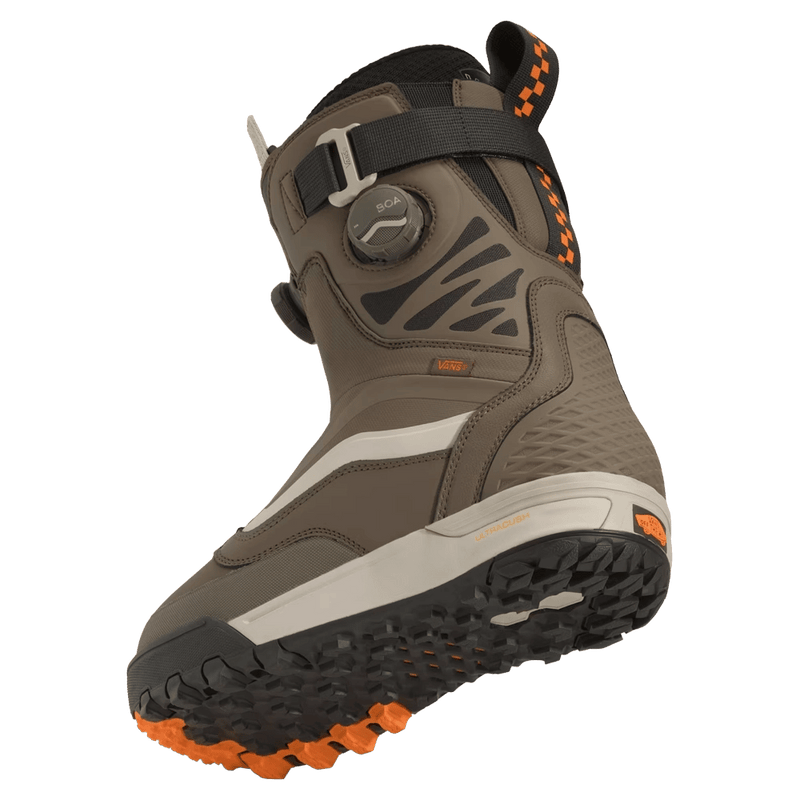 Back side view of the Vans Verse Range Edition Snowboard Boots in Walnut colourway, unisex model