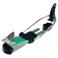 22 Designs Vice Telemark Binding with silver metal toe piece, green dual springs, and black heel lever.