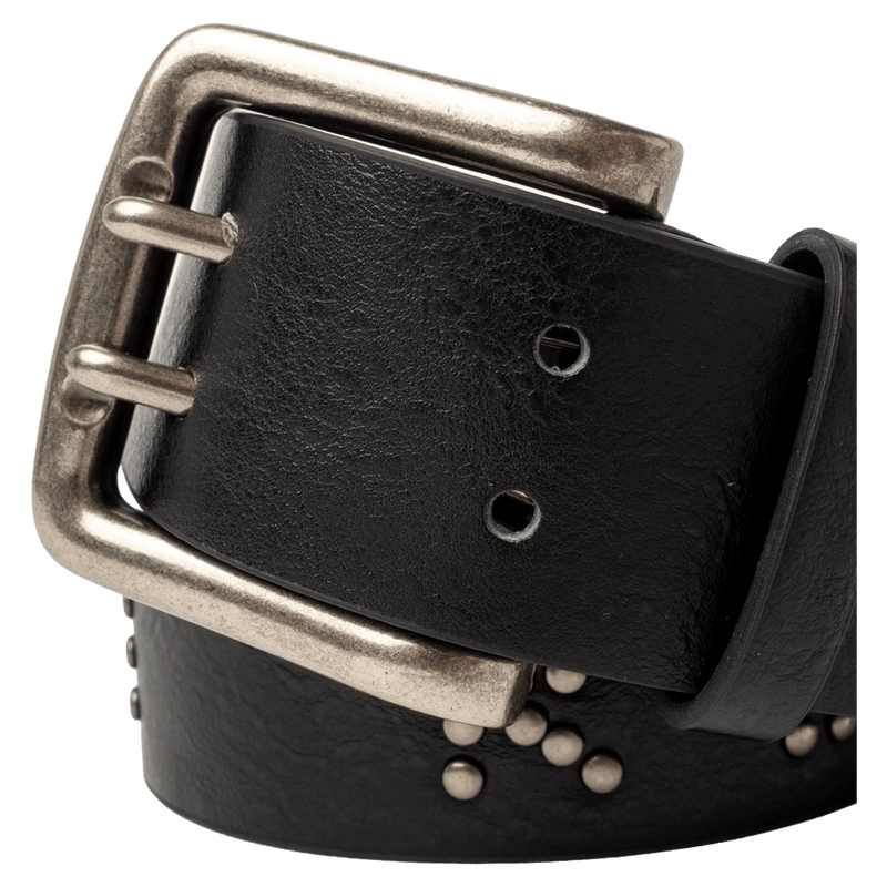 Buckle view of womens Rusty Tease Leather Stud Belt in colour Black