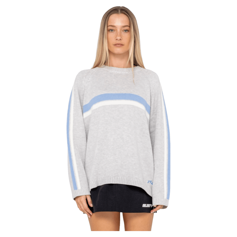 View of women in Rusty White Lines Long Sleeve Crew Neck Knit in colour Grey Marle/Blue