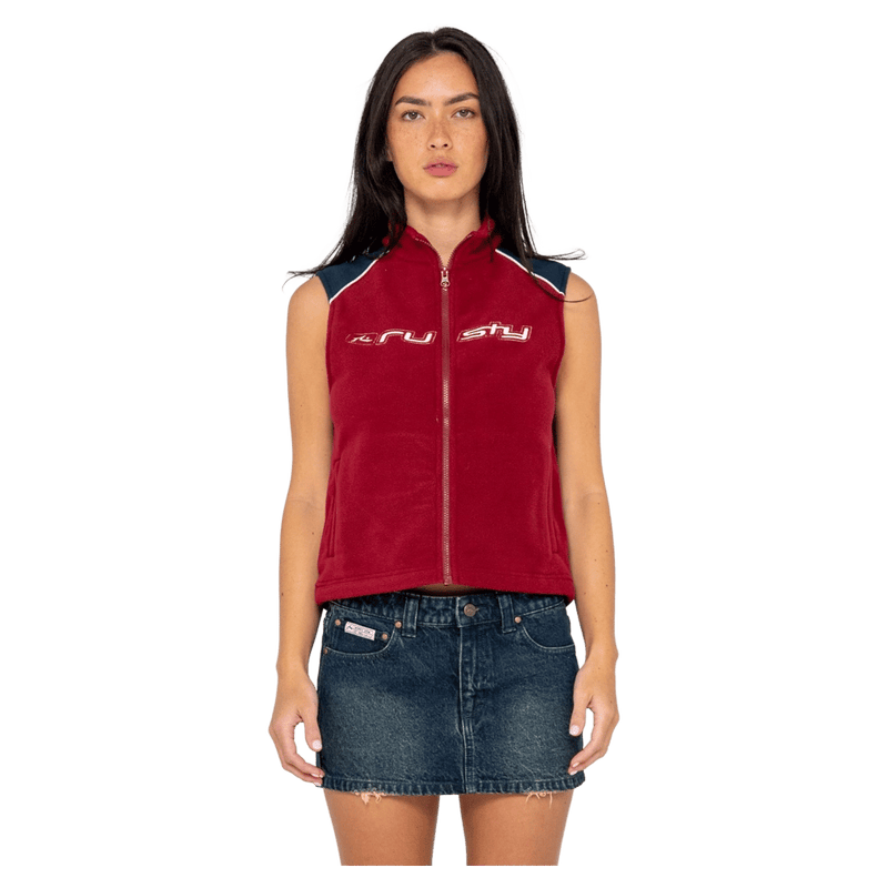 View of women in Rusty Mr Cool Polar Fleece Vest in Red