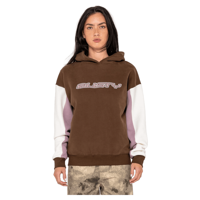 View of women in Rusty Neopole Panelled Hooded Fleece in colour Pinecone/Berry Cream