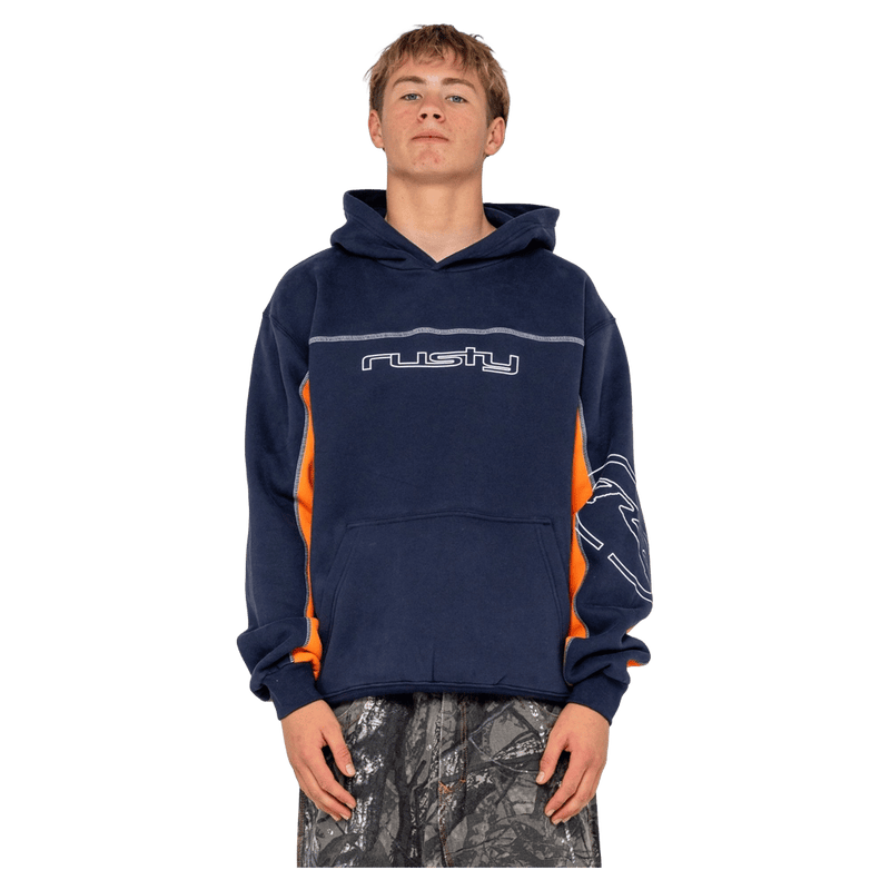 View of man in Rusty Titan Hooded Fleece in colour Navy Blue