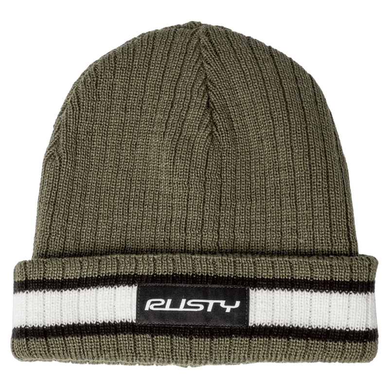 View of Rusty Bones Reversible Beanie in colour Army Shadow
