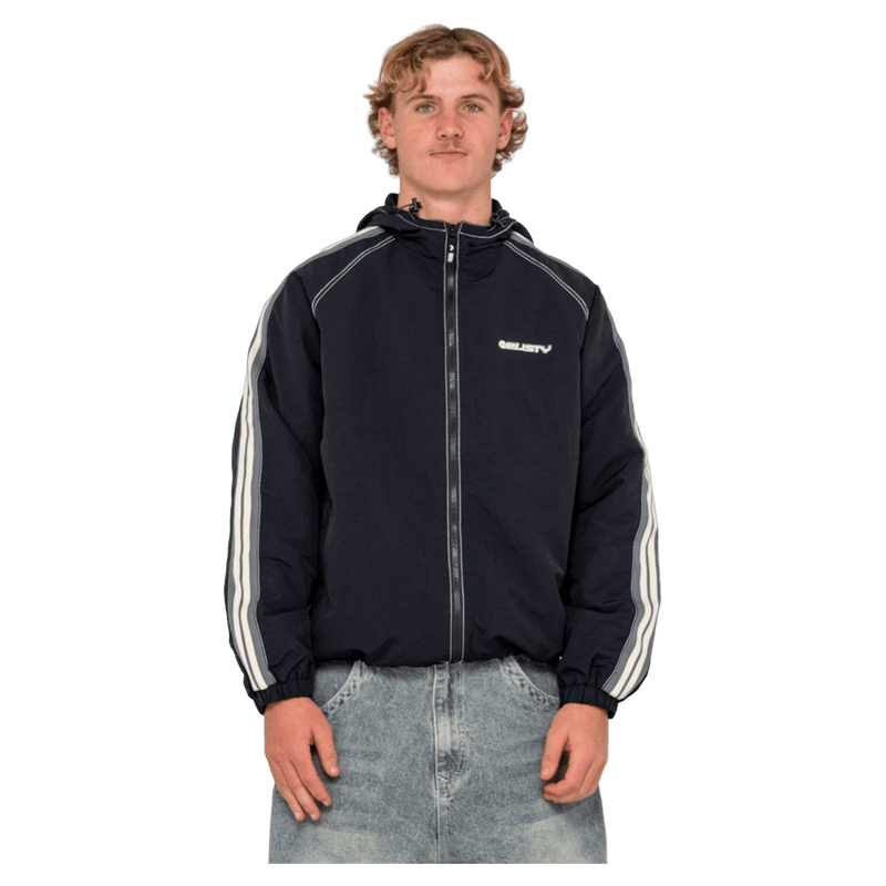 View of Rusty Lock Out Hooded Jacket in colour Black