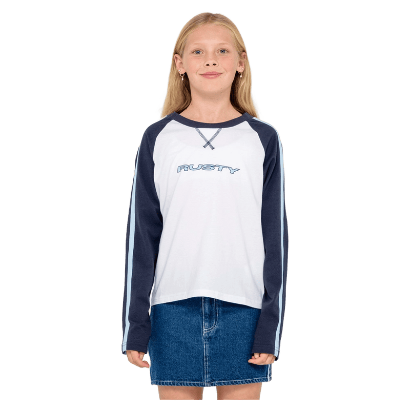 View of girl Rusty Sporty R Raglan Ls Tee - Kids in Navy/White