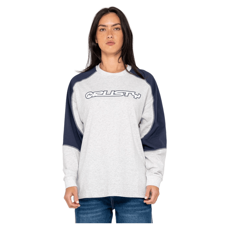 View of women in Rusty Timmy Target Contrast L/S Tee in colour Ecru Marle