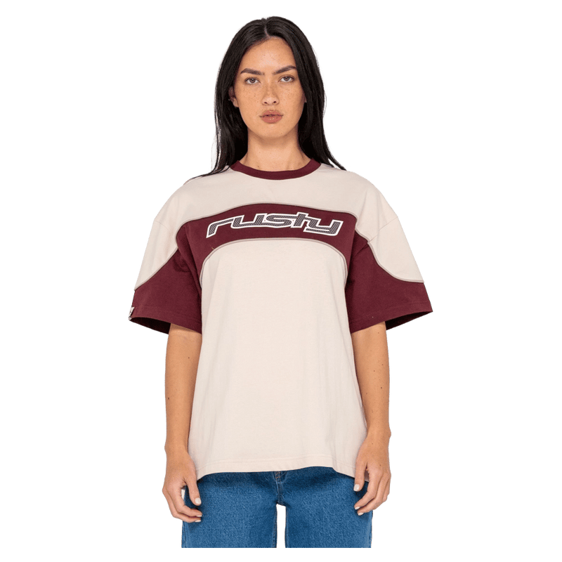 View of women in Rusty Kinetic Oversize Tee i n colour Cream/Burgundy