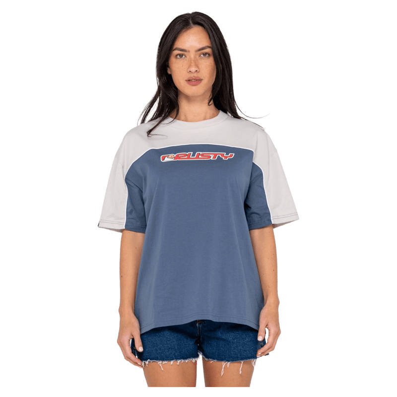View of women in Rusty Archived Ops Oversize Short Sleeve Tee in colour China Blue