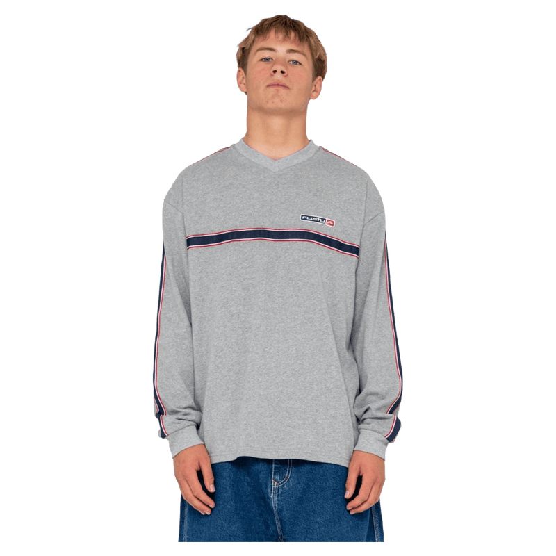 View of Rusty V-Money Long Sleeve Tee in colour Grey Marle