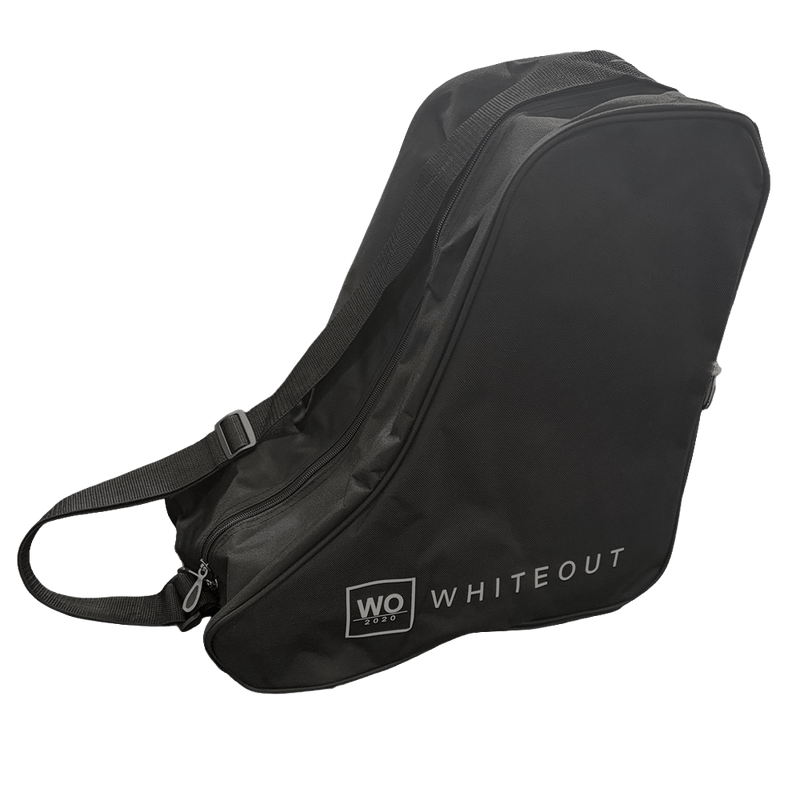 Black Whiteout shaped boot bag with an adjustable shoulder strap and zipper closure.