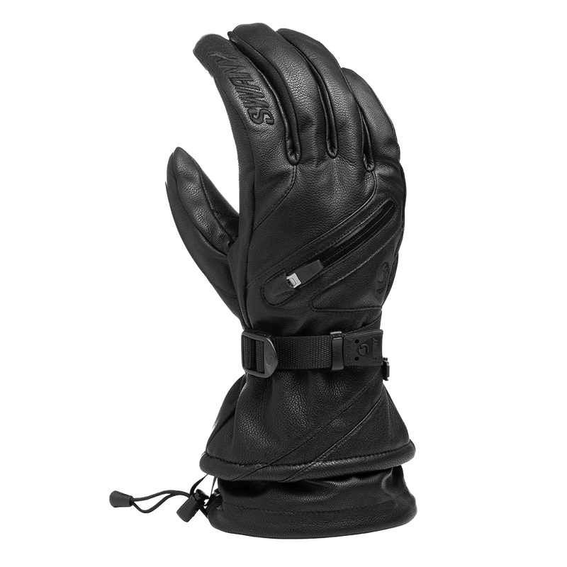 Black leather Swany X-Cell women's glove featuring a zippered pocket, adjustable wrist strap, and drawstring cuff.