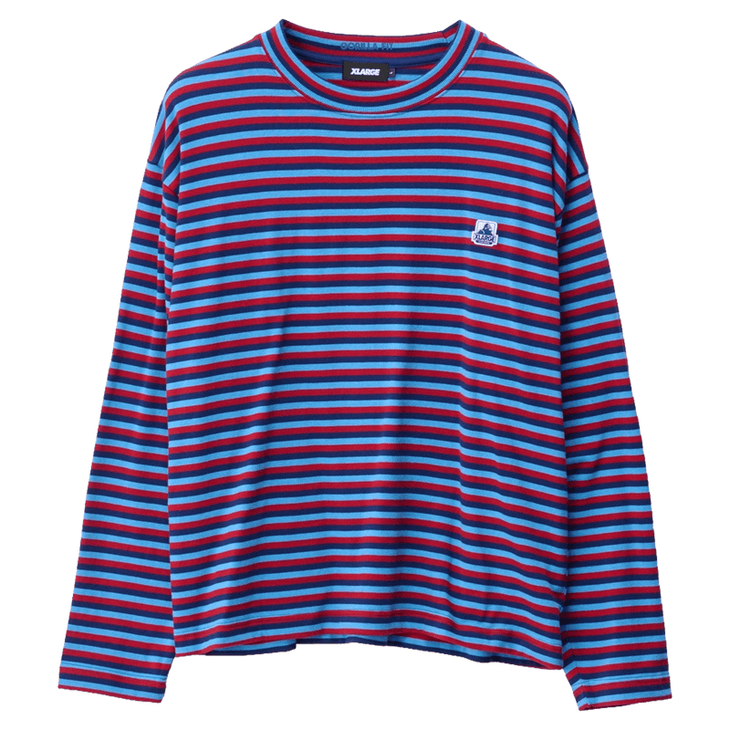 Front view of X Large Stripe Gorilla Fit LS Tee in colour Blue