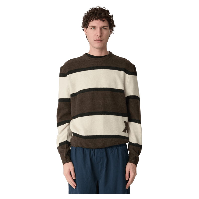 Front full view of the X Large Italic Stripe Knit Sweater in Brown