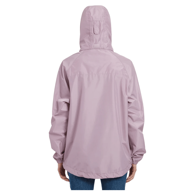 Back hood view of the XTM Stash 2L Rain Jacket in Fog colourway, unisex's model