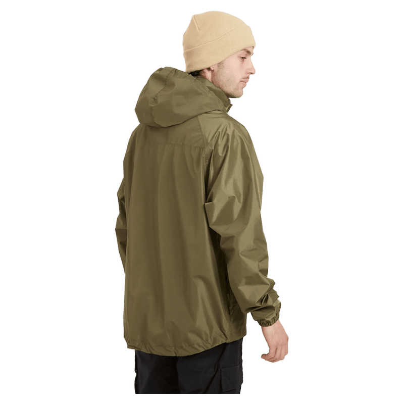 Back view of the XTM Stash 2L Rain Jacket in Kalamata colourway, unisex's model