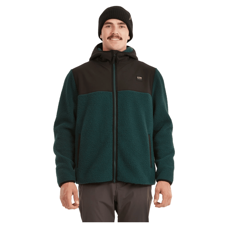 Main view of the XTM Treachery Fleece Jacket in Pine colourway, unisex's model