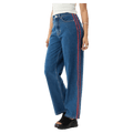 Side view of Afends Bella Stripe Denim Wide Leg Baggy Jean - Womens in colour Authentic Blue.