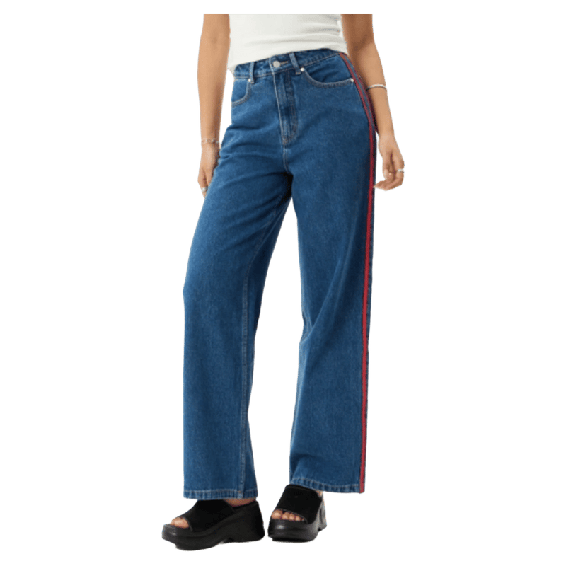 Front view of Afends Bella Stripe Denim Wide Leg Baggy Jean - Womens in colour Authentic Blue.