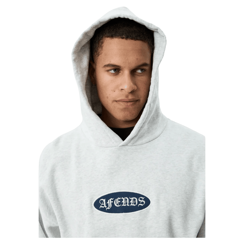 Hood view of Afends Supply Recycled Pull On Hoodie in colour Grey Marle.