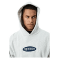 Hood view of Afends Supply Recycled Pull On Hoodie in colour Grey Marle.