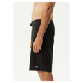 Side view of black Afends Surf Related V2 boardshorts with white contrast stitching and a fixed drawstring waist.