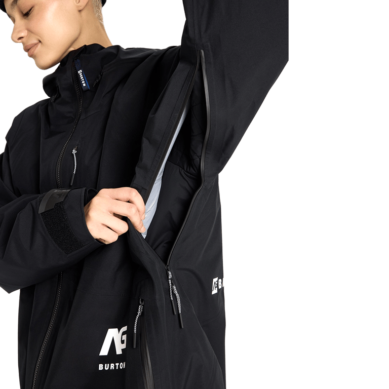 Black Analog Hardpack 3L Snowboard Jacket with open underarm ventilation zipper and white AG Burton logo.