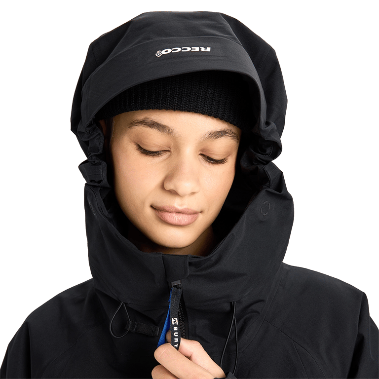 Black Analog Hardpack 3L Snowboard Jacket hood with RECCO logo on the brim and high collar.