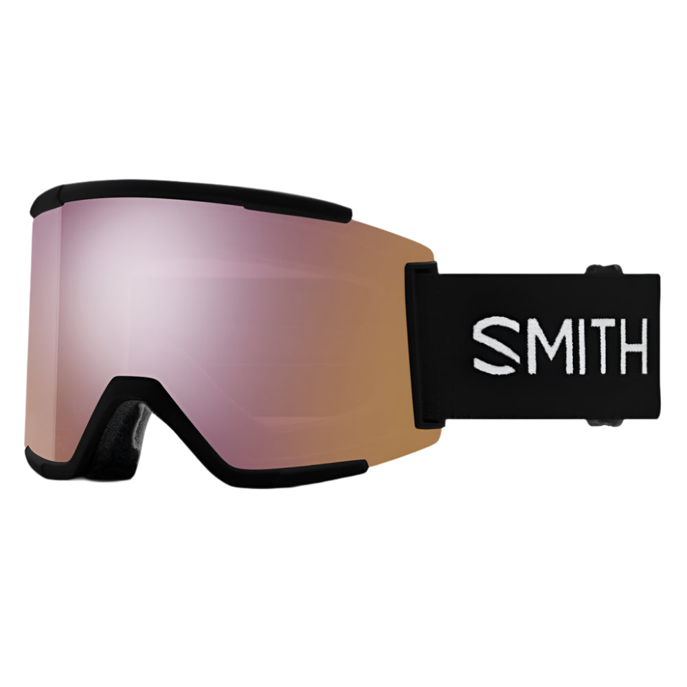Smith Squad XL snow goggles in black with ChromaPop Everyday Rose Gold Mirror lens and large cylindrical frame
