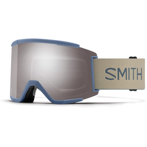Smith Squad XL snow goggles in granite blue with ChromaPop Sun Platinum Mirror lens and large cylindrical frame