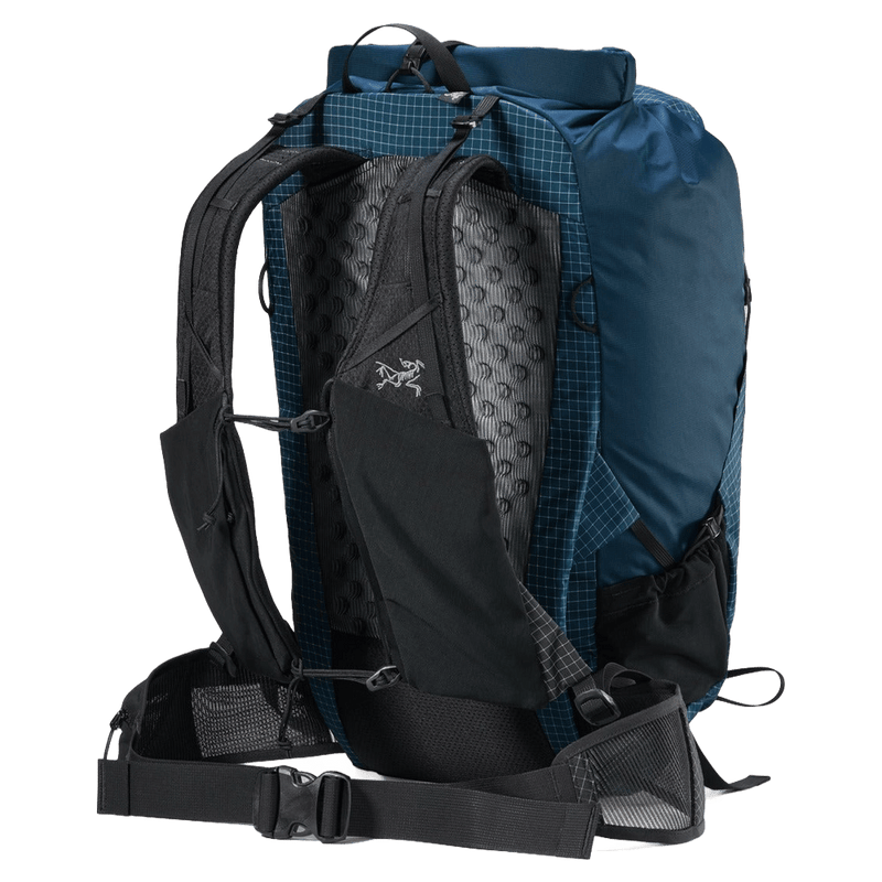 Rear view of a blue grid Arcteryx Aerios 35 backpack with padded back panel, shoulder straps, and mesh hip belt.