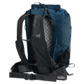 Rear view of a blue grid Arcteryx Aerios 35 backpack with padded back panel, shoulder straps, and mesh hip belt.