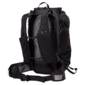 Rear view of black Arcteryx Aerios 35 backpack with grid ripstop fabric, mesh back panel, and adjustable hip belt.
