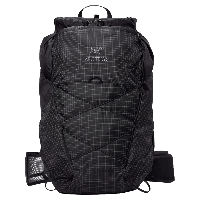 Black Arcteryx Aerios 35 backpack with grid ripstop fabric, front bungee compression, and roll-top closure.