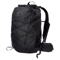 Black Arc'teryx Aerios 35 backpack with ripstop grid pattern, roll-top closure, and bungee cords in a three-quarter view.